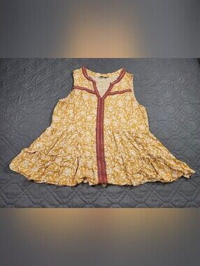 Democracy yellow floral tiered tank top red embroidered trim Size XL